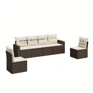 Conjunto de Sofá de Jardín de Ratán Marrón con Cojines Color Crema, Muebles de Exterior Impermeables de Diseño Contemporáneo - Product Image 1