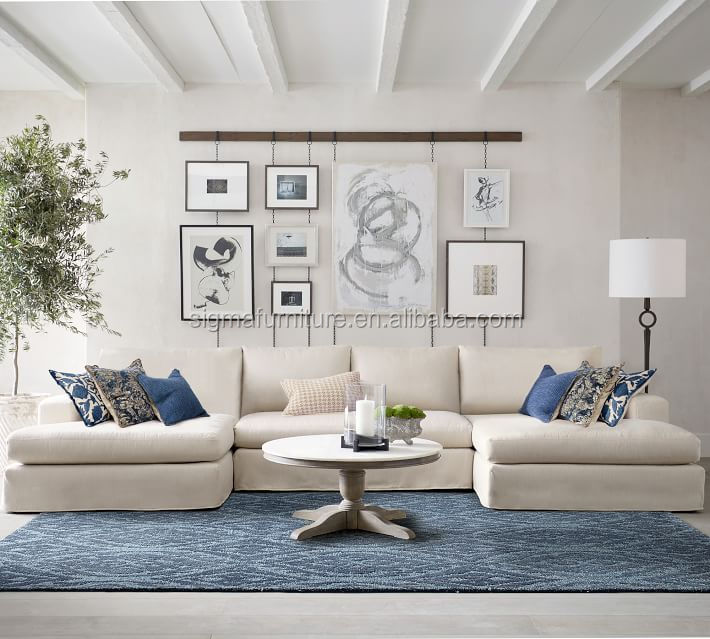 living room furniture home furniture Square Arm Slipcovered U-Shaped Double Chaise sofas Sectionals