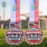 Médailles de football/soccer irrégulières pour jeunes, en alliage de zinc, avec logo personnalisé drapeau américain et couronne de lauriers, émail or et argent