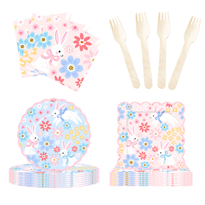 DAMAI Nouveau set d'assiettes en papier jetables à thème lapin, rose et bleu, avec nœud en dentelle ondulée, pour le festival de Pâques - Product Image 1