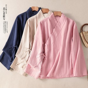 Women's Cotton Linen Wrap Blouse Pink Navy Beige Training Top Zen Style Hanfu Shirt - Product Image 1