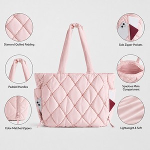 <span class=keywords><strong>Sac</strong></span> fourre-tout matelassé rose personnalisé avec logo pour femme, léger, compartiments pour ordinateur portable, poignées, sacs à main de voyage, plage, fermeture éclair - Product Image 2