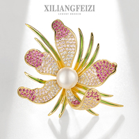 XILIANGFEIZI Bros Mewah Bergradasi Tembaga Zirkon Enamel Mutiara Air Tawar Alami Batu Akik Bunga Peony