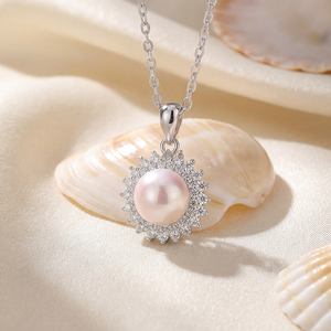 <b>Copper</b> Sunburst Double CZ Halo Freshwater Pearl Pendant Necklace Radiant Sun Cluster Bridal Jewelry for Women - Product Image 3