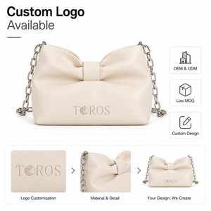 Sac à bandoulière pour femme avec logo personnalisé, nœud papillon, en cuir PU souple blanc crème, sac à chaîne, sac à main froncé sous <span class=keywords><strong>le</strong></span> bras, vente en gros - Product Image 1