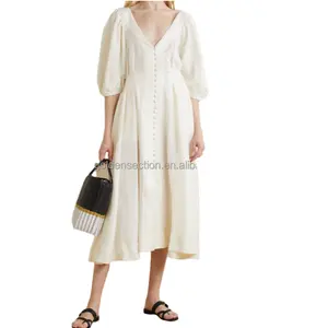 V-neck Lantern Sleeve midi 2022 Summer Women Elegant A-line Spandex Modal Cotton White Beach vestidos casual 100% Linen Dress