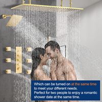 NPYSVSSS Ensemble de douche double à fixation au plafond LED 16x32 pouces en laiton brossé doré avec vanne 4 fonctions et douchette 2-en-1 complète