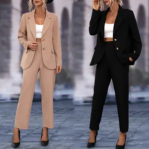 Custom Fall 2023 Jacket Slim Femme Zipper Ladies Traje y Traje Lapel Manga Longa Blazer Suit Set Para Mulher Casacos Office Blazer