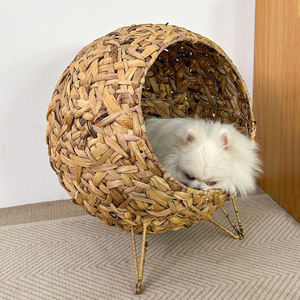 Handmade Natural Water Hyacinth Woven Cat <b>Bed</b> Modern Elevated Sphere Pet House with Washable Soft <b>Cushion</b> for Cats - Product Image 1