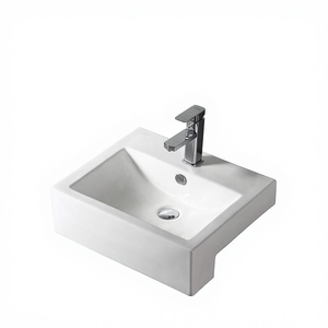 Lavabo de salle de bain en céramique rectangulaire semi-encastré moderne à bord ultra-fin - Product Image 4