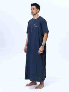 <b>Men's</b> Navy Blue Cotton <b>Thobe</b> Short Sleeve Floor Length Round Neck Loose Fit Casual Daily Wear All Seasons Solid Color - Product Image 3