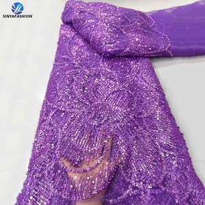 Dentelle Sinya de luxe en maille à sequins et perles, 5 yards, dernière collection, tissu en tulle français brodé perlé, <span class=keywords><strong>bordeaux</strong></span>, pour mariage et fête - Product Image 5