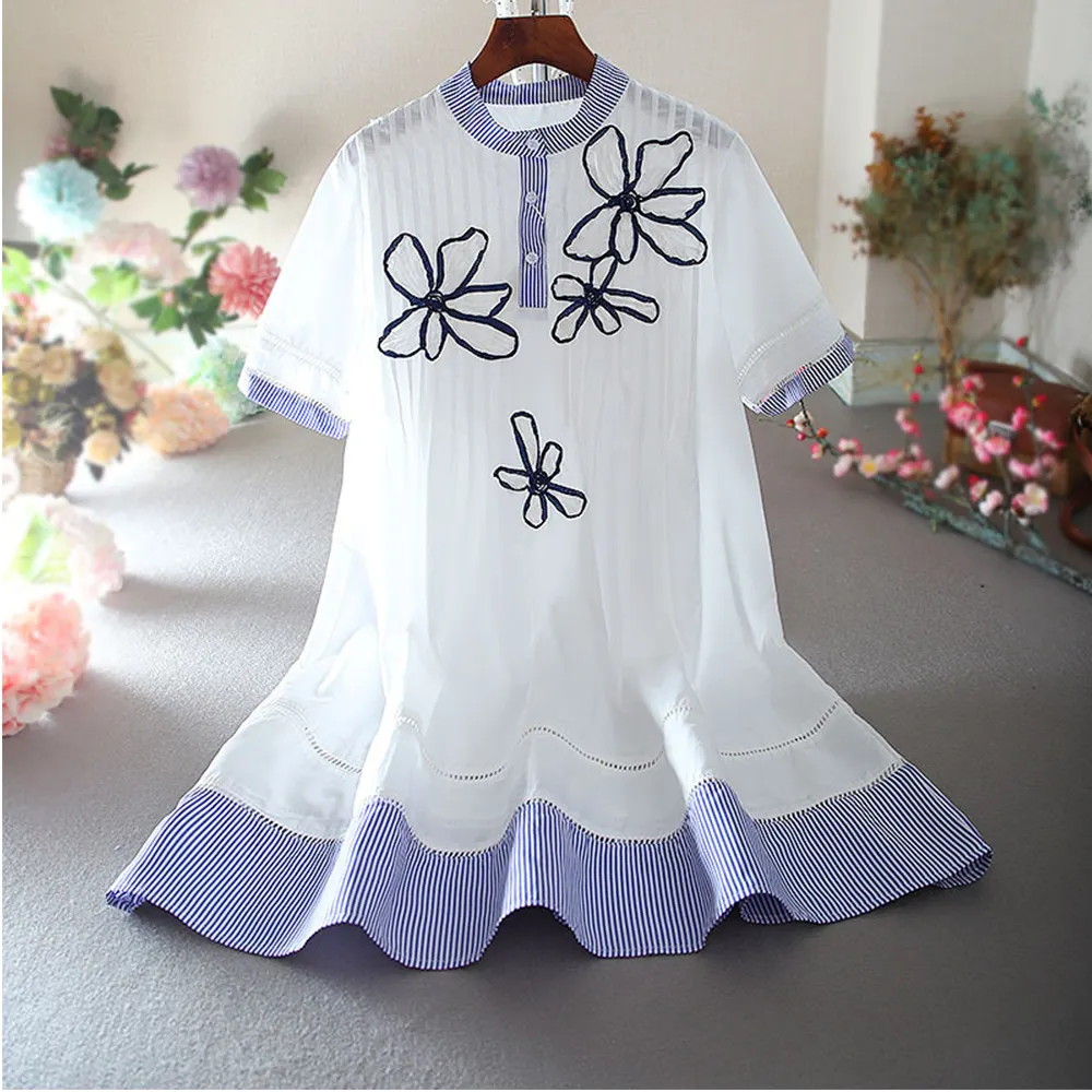 Cute Korean Style Blue Ruffle Striped Hem Dress Loose Casual Pleated Stand Collars Dress Embroidered Floral Preppy Dress