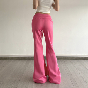 Pantalon évasé Y2K taille basse à devant plat pour femme, en maille extensible, longueur intégrale, couleur unie - Product Image 6