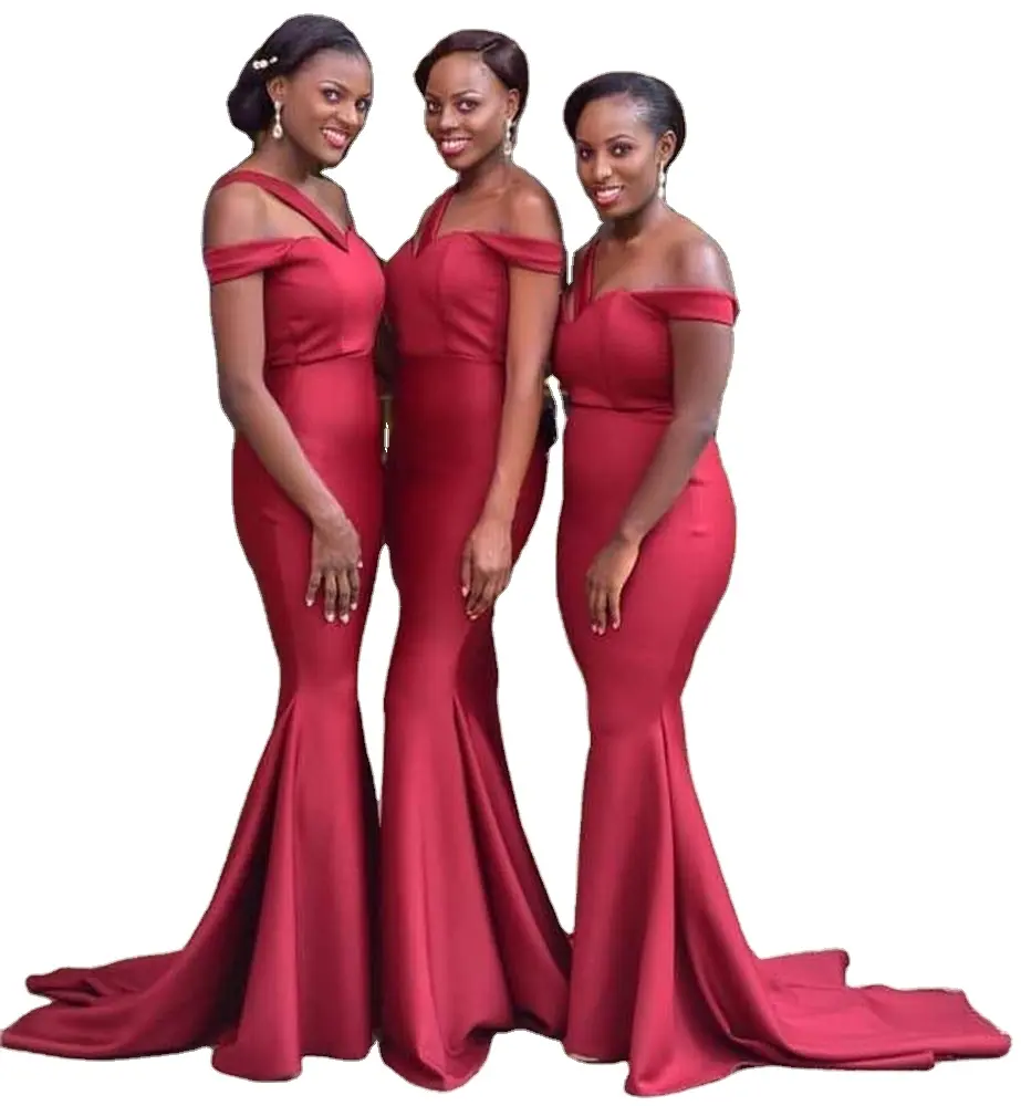 DB012 2022 African Bridesmaid Dresses Burgundy Satin Mermaid Spaghetti Strap Floor Length Long Wedding Guest Dress