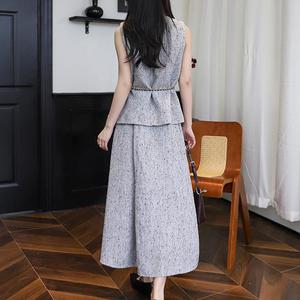 Autunno Casual da donna <span class=keywords><strong>Set</strong></span> di coordinate personalizzato in puro poliestere tinta unita grigio con bottone senza maniche Top gonna lunga in Tweed - Product Image 4