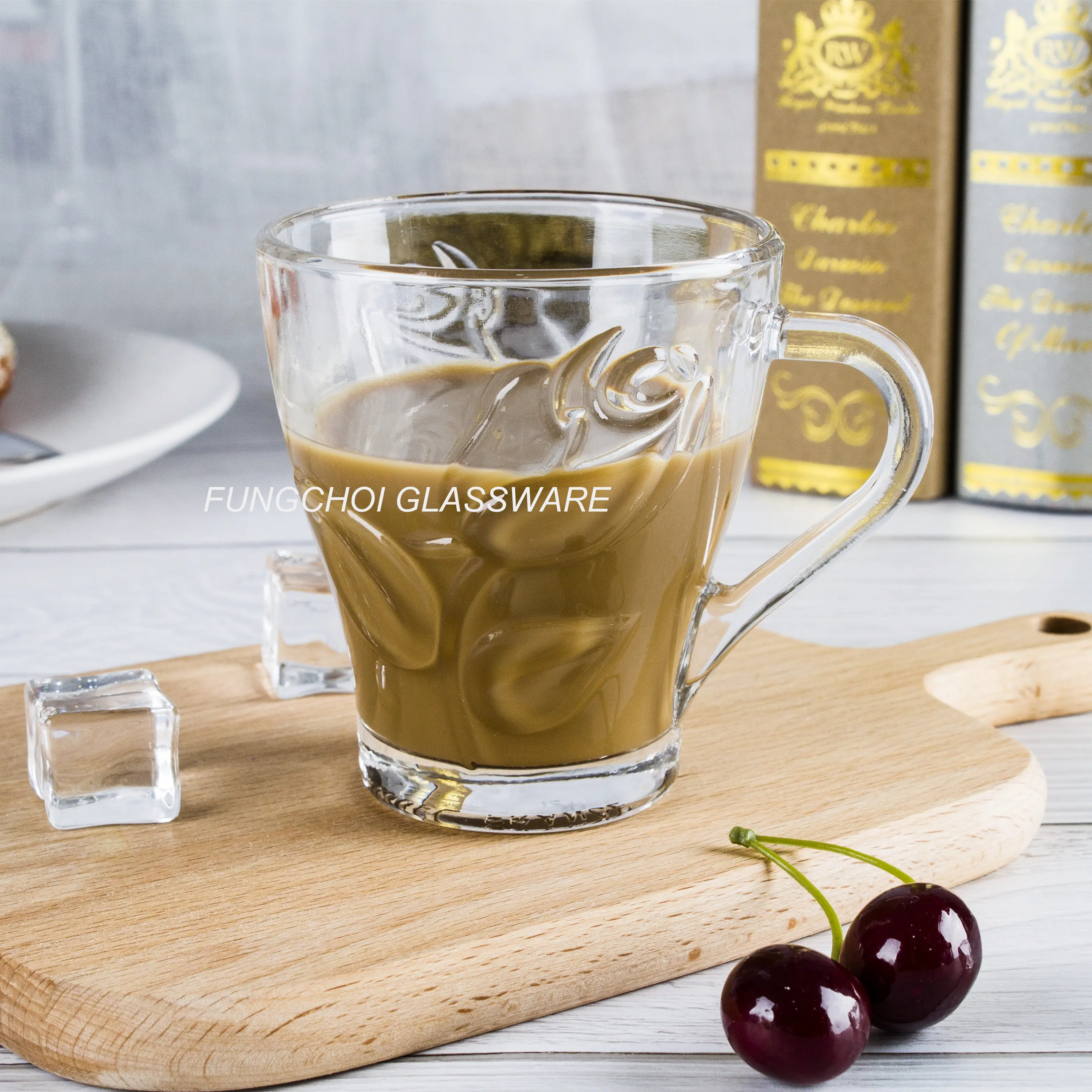 8.8oz 250ml flora desen kabartmalı şeffaf latte makinesi basın kahve espresso cam kulplu bardak