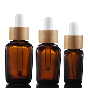Botol Tetes Kaca Amber Persegi dengan Tutup Bambu, Kemasan Kosmetik Minyak Esensial Wajah Mata 10Ml 20Ml 30Ml 50Ml 100Ml