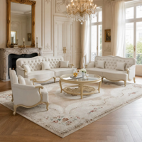 Ensemble de meubles de salon 5 pièces, canapé capitonné crème, pieds dorés, tissu, avec table basse pour la maison
