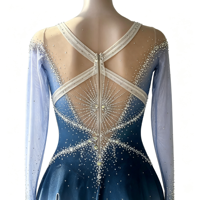 Robe de patinage artistique bleu et blanc dégradé avec strass, dos croisé en maille, pour femmes et filles