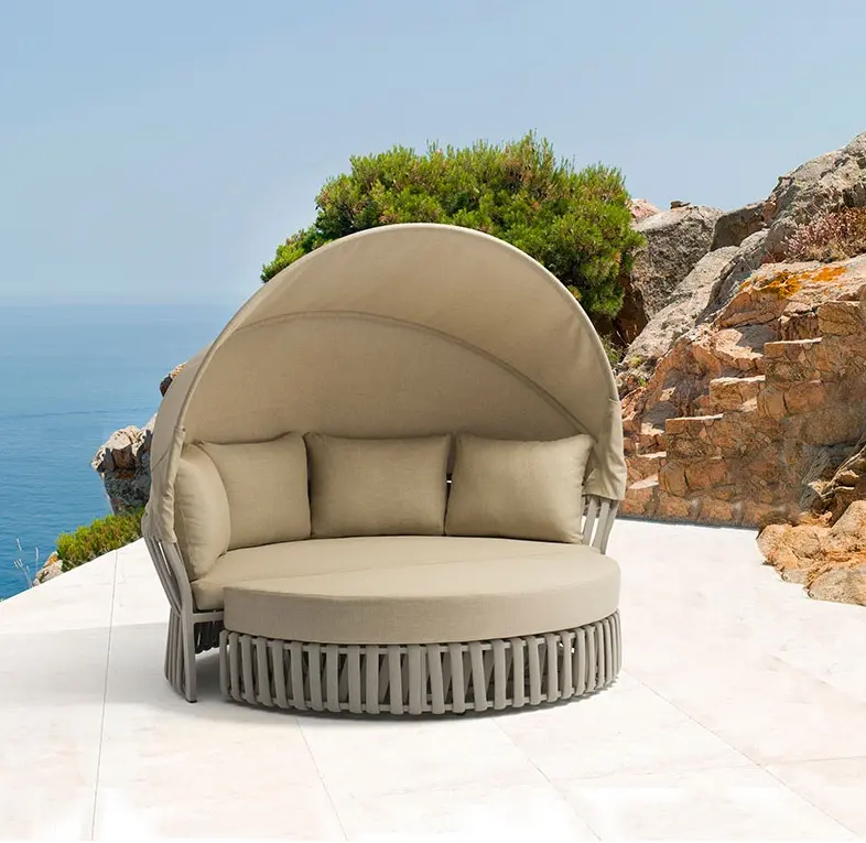Tumbonas grandes de lujo para jardín, cama de sol redonda de ratán de aluminio para Patio, con cojín de sombra