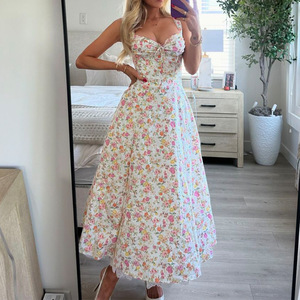 Alta calidad vacaciones playa Floral estampado Halter una línea Bustier elegante Halter cintura ajustada <span class=keywords><strong>vestido</strong></span> Floral <span class=keywords><strong>vestido</strong></span> <span class=keywords><strong>Midi</strong></span> de mujer - Product Image 6