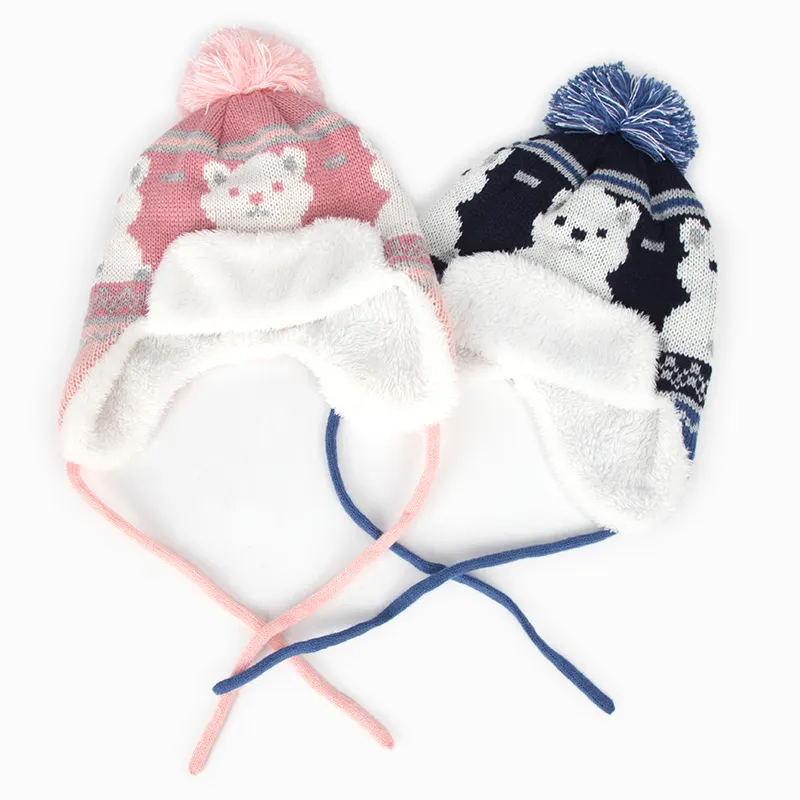 Wholesale Baby Toddler Girls Boys Winter Fleece Lining Beanie Knit Hat with Earflap for Kid
