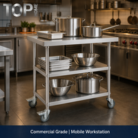 Table de travail commerciale en acier inoxydable poli à 3 niveaux sur roulettes pour extérieur