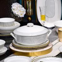 Service de table de luxe en porcelaine fine à bordure argentée, motif marbré, vaisselle en céramique pour mariage et réceptions à domicile