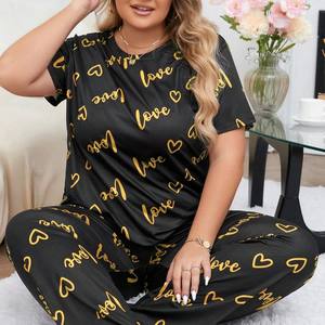 Vêtements de maison pour femmes grandes tailles, style européen et américain, pyjama à manches courtes, taille élastique avec motif d'amour - Product Image 1