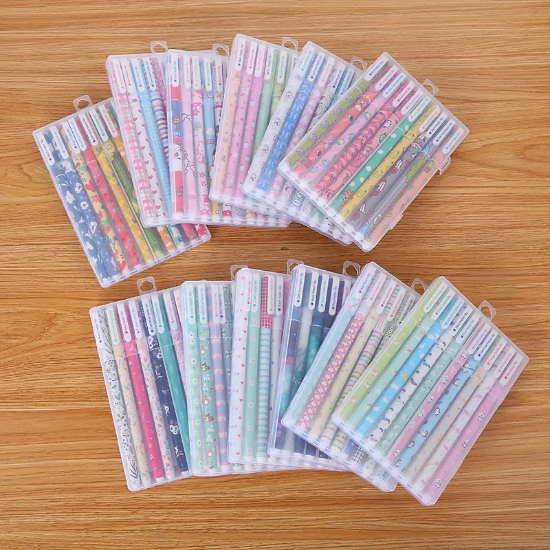 Conjunto de canetas de gel, 10 pçs/caixa canetas coloridas fofas, desenhos animados, gel, tinta fina, canetas de ponto esférico para estudantes da escola