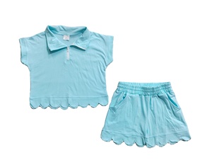 Ensemble décontracté en coton imprimé personnalisé pour petites filles, respirant, avec fermeture éclair pour chemise et short à bord festonné, vêtements pour enfants - Product Image 1