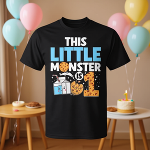 T-shirt unisexe à manches courtes et col rond pour enfants, imprimé numérique, This Little Monster Is 1 Milk And Cookies, pour le 1er anniversaire - Product Image 2
