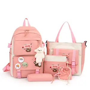 Venta caliente de fábrica Mochilas escolares para niñas lindas Mochilas escolares con colgante de oso de 5 piezas Mochilas escolares para adolescentes Mochilas