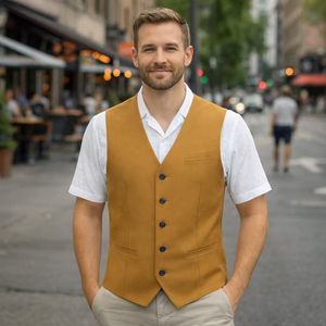 Customized Men's <strong>Mustard</strong> Yellow Formal Suit Vest, 5-Button V-Neck <strong>Waistcoat</strong> with Pockets, Business &amp; Wedding Wear Casual - Product Image 4