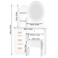Bureau de toilette blanc avec miroir LED rond et armoire latérale à 3 tiroirs, table de maquillage compacte pour chambre à coucher.