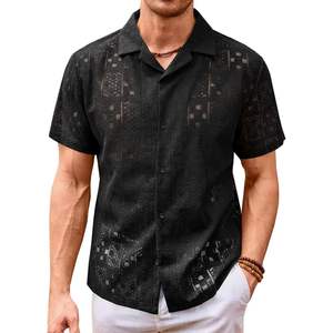 Camisa de algodón informal para hombre 2025 con botones de encaje y cuello cubano de manga corta y diseño calado Tops de verano - Product Image 3