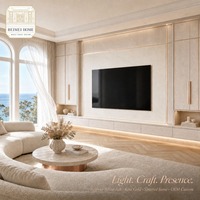 Meuble TV en bois massif blanc sur mesure de luxe avec finition or rose et éclairage LED pour salon