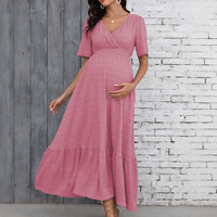 Robe longue de maternité décontractée pour femme, unie, texturée, à col en V croisé, taille smockée, à volants, manches courtes, grande taille