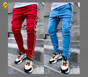 Özel baskı nakış logosu erkek eşofman altları Polyester İpli şerit sıska Sweatpants yığılmış moda Jogger pantolon giymek