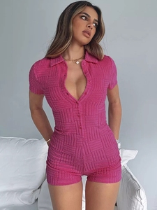 2023 été Y2K Streetwear femmes barboteuses Sexy col en v à manches courtes combinaisons Femme mode <span class=keywords><strong>bouton</strong></span> plage une pièce combishorts - Product Image 5