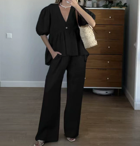 Top a Maniche Corte con Bottoni e Pantaloni con Elastico in Vita, Set Due Pezzi in <span class=keywords><strong>Cotone</strong></span> per <span class=keywords><strong>Donna</strong></span>, Abbigliamento Estivo - Product Image 6