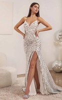 Vestido de Noche para Mujer con Lentejuelas Oro Rosa, Escote Corazón, Tirantes Finos, Abertura Alta, Estilo Sirena, para Fiesta de Gala, Proveedor OEM