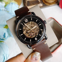 Montre automatique mécanique à remontage manuel pour homme, squelette marron avec index lumineux