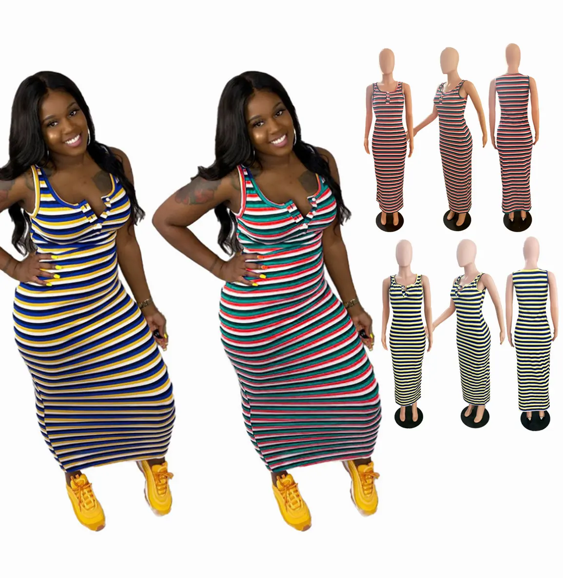 Sharee Us Boutique Plus Size Clothing Women Tank Dress Stripe U Neck Maxi Sun Dress