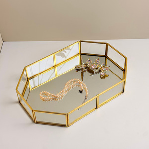 Gold Octagonal Glass Jewelry <b>Tray</b> <b>Mirror</b> Surface Desktop Organizer Storage For Accessories Home Decor - Product Image 1