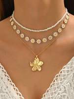 Ensemble de 3 colliers personnalisables avec pendentifs en forme de cœur bohème, perles d'imitation et fleurs marguerites, en alliage, bijoux de fête pour femmes