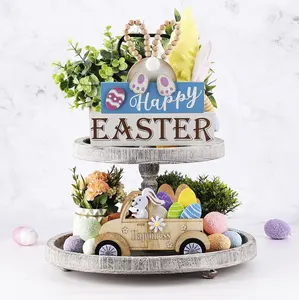 Pasen Decoraties Voor Huis Rustieke Lente Happy Easter Bunny Hout Teken Blok Met Ei En Houten Kralen Tiered Lade Decor