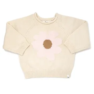 Tùy Chỉnh Daisy Hoa Jacquard Crew Cổ Áo Len Mùa Thu Cô Gái Trẻ Em Đan Áo Len Jumper Tops