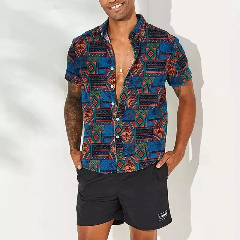 การออกแบบร้อนเสื้อผู้ชายผ้าฝ้ายแขนสั้น 3D พิมพ์รูปแบบสบายๆหลวมเสื้อชายหาดฮาวายผู้ชาย